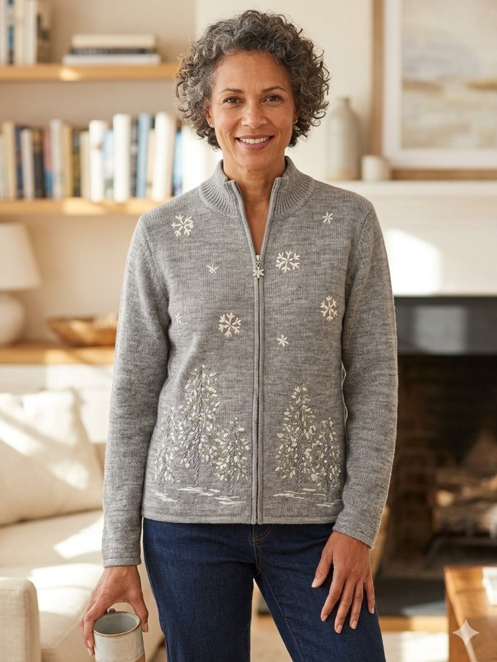 Women’s Gray Zip-Front Winter Tree & Snowflake Sweater